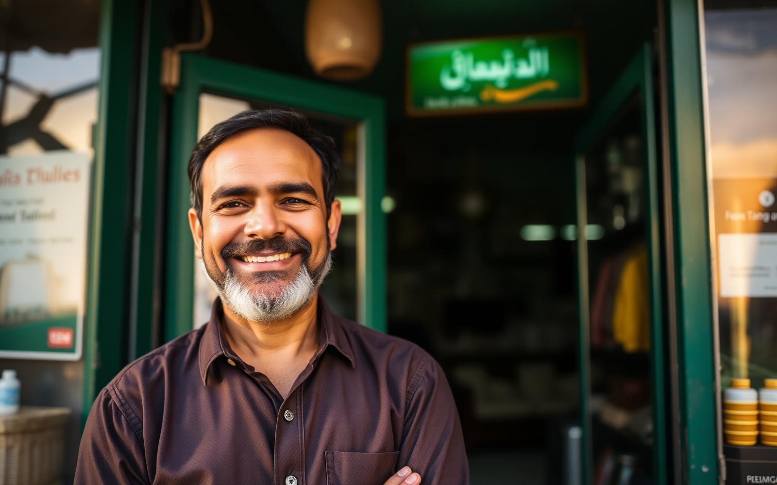 Pakistani shopkeeper standing in his small business